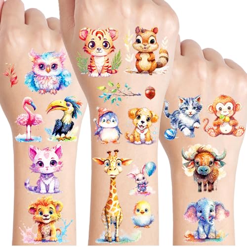 Tiere Glitzer Tattoo Set Kinder, 12 Blätter Tiere Temporäre Tattoos für Kinder, Geschenke für Junge Mädchen, Geburtstag Party Geschenk Kleine, Hautfreundliche Temporäre
