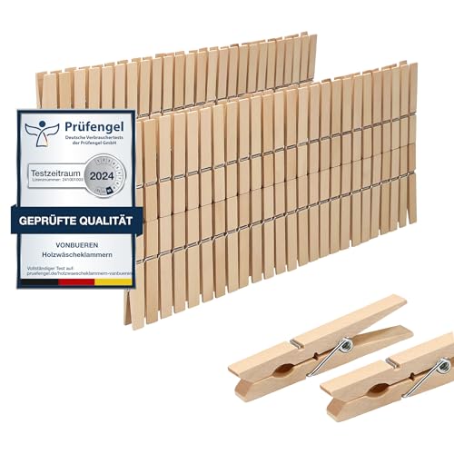 100 x Wäscheklammern Holz groß VonBueren | plastikfrei | Holzklammern aus nachhaltigem unbehandeltem Birkenholz | Holzwäscheklammern auch zum Basteln