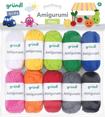 Gründl Wolle Amigurumi - dünne Wolle zum Häkeln von kleinen Figuren - Häkelgarn- Glänzend und hautfreundlich - 100% Baumwolle - 10 Miniknäuel 10 g / 23 m - Nadelstärke 3-4 - Bunt