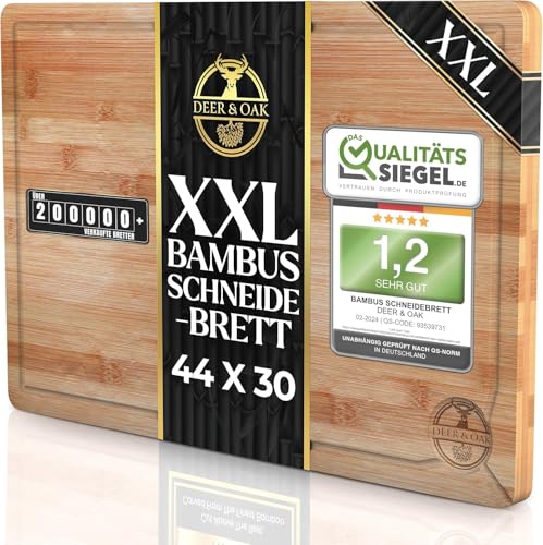 Deer & Oak Schneidebrett Holz – XXL Bambusbrett 44x30x2cm, Vorgeölt & Wasserabweisend, Messerfreundliches Küchenbrett für Fleisch, Gemüse & Brot