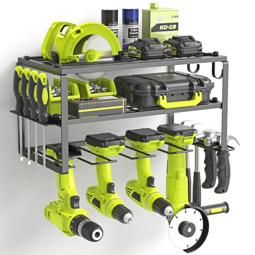 WELDUN Werkzeugspeicher Wandhalterung Schlagbohrschrauber Werkzeugregal für 4 Elektrowerkzeug, 3 Ebenen Werkzeugständer mit seitlichem Schraubendreher-Gestell für Garage, Werkstatt