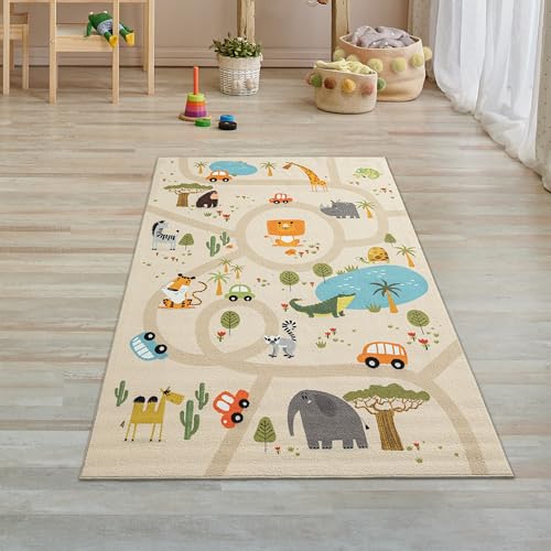 Teppich-Traum Kinderteppich Kinderzimmer Teppich Spielteppich Spielmatte Safari Straßenteppich Läufer rutschfest beige 80 x 150 cm