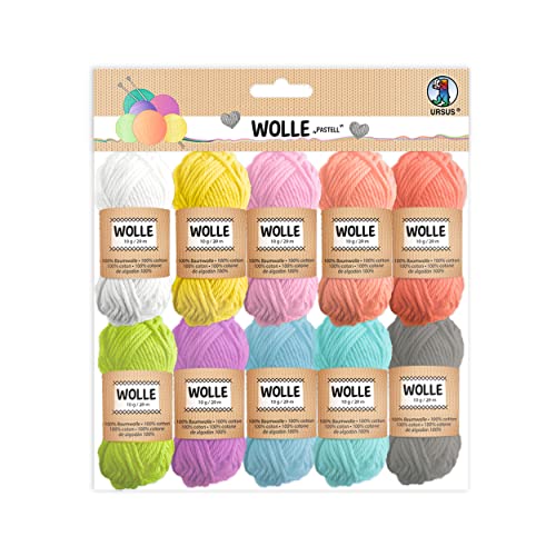 Ursus 56050099 - Wolle pastell, aus 100% Baumwolle, in 10 Pastellfarben, Knäuel á 10 g / 29 m, zum Stricken und Häkeln und für kleine Bastelprojekte