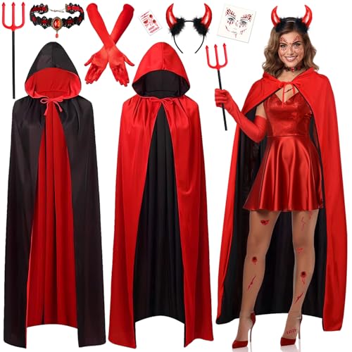 iZoeL Karneval Teufel Kostüm Damen,Teufel umhang roter Kapuzenumhang Haarreif Teufelshörner Gotische Teufelskette Tattoo Teufel kostüm Accessorie, Halloween Fasching Mottoparty Karneval kostüm
