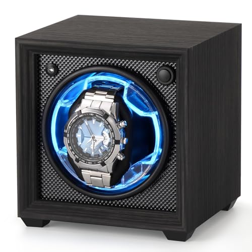 Isili Einzel Uhrenbeweger für Automatische Uhren, Auto Start-Stop Uhr Winders Box für Liebhaber, mit Quiet Motor 2 Rotation Mode Einstellung, blaues Licht, elastische Uhr Kissen, Geschenk für Mann