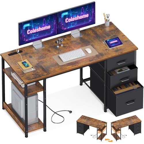Coleshome Schreibtisch mit Stoff Schubladen, 130x48cm Computertisch 2 Steckdosen und 2 USB Ladeanschluss, PC Tisch mit Regal Reversible Bürotisch für Büro, Wohnzimmer, Braun