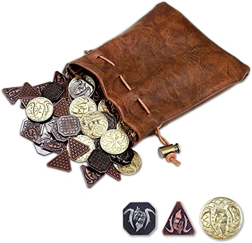 Byhoo 60 DND-Münzen mit Ledertasche, Metallmünzen – Gold-, Silber- und Kupfermünzen, Fantasie-Münzen für Brettspiele, gefälschte für Spielmarken, Rollenspielmünzen von Dungeons and Dragons