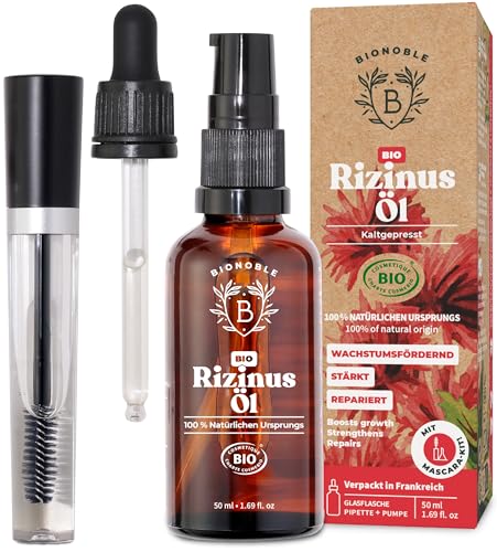 BIONOBLE Rizinusöl Kaltgepresst Bio + Mascara-Kit, 100% Natürlich - Wachstumsfördernd, Repariert - Rizinusöl Bio Haare, Wimpern, Augenbrauen, Haut - Castor Oil - Glasflasche, Pipette, Pumpe - 50ml