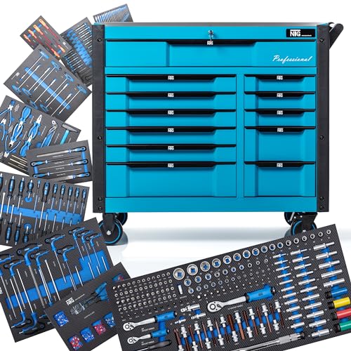 NTG Werkzeugwagen gefüllt mit Werkzeug XXL | 457 Teilig | 12 Schubladen Abschließbar | Davon 10 mit Werkzeug | Mit Soft Inlays in Carbonoptik | Werkstattwagen bestückt Werkzeugwagen gefüllt
