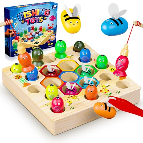 COOLJOYA Magnetische Angelspiel ab 2 Jahre | Montessori Spielzeug 2 in 1 Baby Holzspielzeug | Motorikspielzeug Fische Angeln Spiel 2 3 Jahre Mädchen Junge Kinder(Patentschutz)