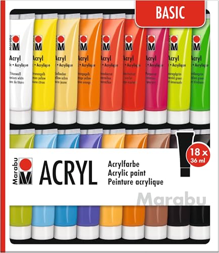Marabu 1210000000201 - Acrylfarben Set Basic, mit 18 x 36 ml Farbe, auf Wasserbasis, für viele Untergründe geeignet, schnell trocknend, wasserfest und lichtecht
