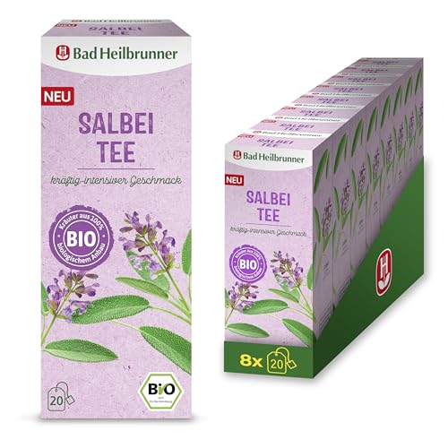 Bad Heilbrunner Bio Salbei Tee – im Filterbeutel – traditionsreicher Kräutertee aus samtigen Salbeiblättern – kräftig-intensives Aroma (8 x 20 Filterbeutel)
