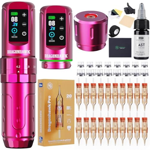 Dragonhawk L3 Tattoo Maschine Set, Kabellose Rotary Tattoo Gun Tätowiergeräte, 7 Strokes Length 2pcs Batteries 2000mAh Akku, RCA Connect,tattoo nadeln für Anfänger (TZ-256-3LY)