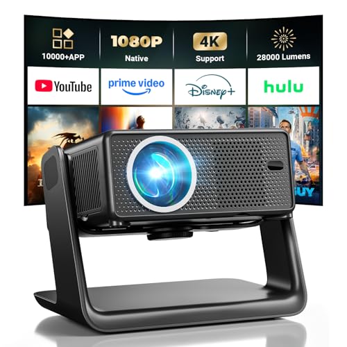 Beamer Kompatibel mit Netflix 28000 Lumen, Smart Beamer 4K unterstützt Native 1080P, WLAN 6 und Bluetooth, elektrischer Fokus and 4D Keystone, über 100000+ Apps, Heimkino/Outdoor