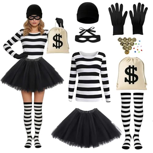 Betensh Bankräuber Kostüm Damen - 9 Stück Räuber Kostüm Set mit Gestreiftes Oberteil, Strickmütze, Maske,Rock, Kniestrümpfe & Gold Diamanten | Verbrecher Outfit für Karneval, Fasching