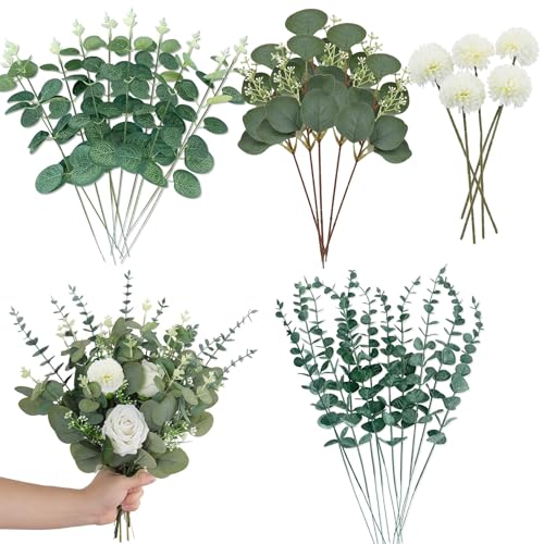 30 Stück Künstliche Eukalyptus und Kunstblumen, Eukalyptus Deko Künstliche Zweige Künstlich Dekozweige Kunstpflanzen Grün Blätter für DIY Blumenstrauß Brautstrauß Hochzeit Tischdeko