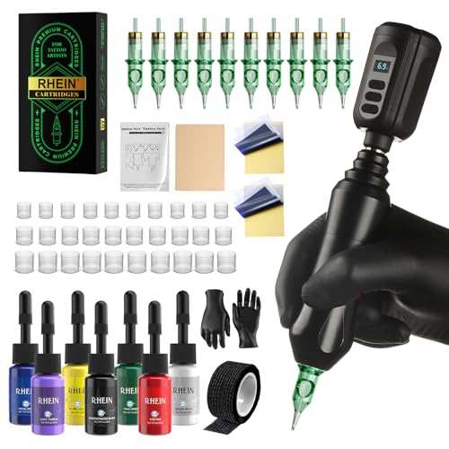 RHEIN Tattoo Maschine Set mit 1500mAh Akku Power 10PCS Tattoo Cartridges Nadeln 7 Colours Ink Komplettes Tattoo Zubehör RN-TKP6AEU-1