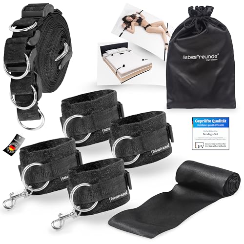 Liebesfreunde® Bondage-Set Bett Fesseln Sex-Spielzeug für Paare I Extrem stabiles BDSM Fesselset mit Bettfesseln, Handschellen, Augenbinde