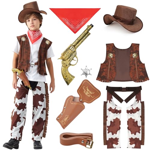 Lubolee Cowboy Kostüm Kinder, Karneval Kostüm Kinder Jungen mit Cowboy Hut Kinder, Faschingskostüm Kinder Junge, Fasching Kinderkostüme Jungen (XL)