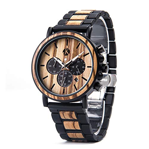 Kim Johanson Herren Holz-Edelstahl Armbanduhr *Military* in Hellbraun Chronograph mit Stoppuhr & einem Gliederarmband Handgefertigt Quarz Analog Uhr inkl. Geschenkbox