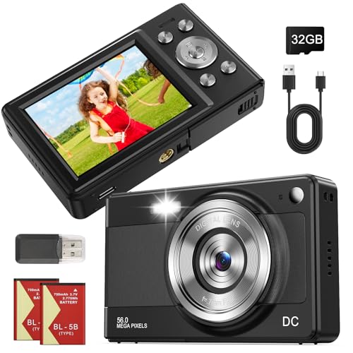 Digitalkamera Kinder Kompaktkamera kinderkamera, 1080P FHD 56MP Fotoapparat Digitalkamera Vintage Fotos für Kinder Teenager Studenten Anfänger, 2 * Batterien, 32 GB