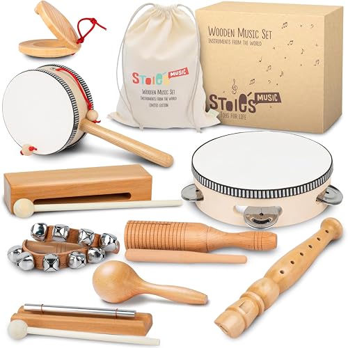 Stoie's International Musik-Set aus Holz für Kleinkinder und Kinder, umweltfreundliches Musik-Set mit Aufbewahrungstasche aus Baumwolle