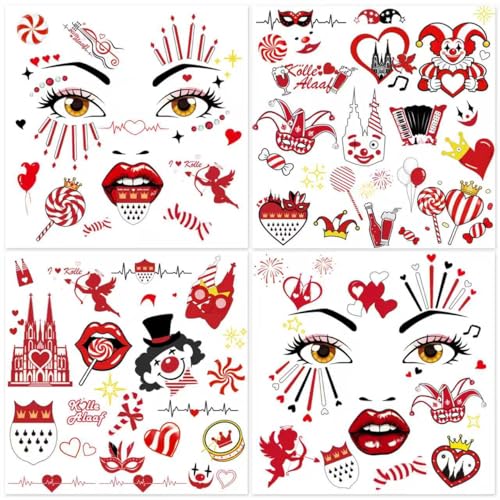 4 Blatt Gesichtstattoo köln Karneval, Face Tattoo Kölle Alaaf, Rot Weiss, Gesicht Aufkleber,Karneval Kostüm Damen Herren，Erwachsene Kinder Fasching Schminke Accessoires für Fasching Kostüm