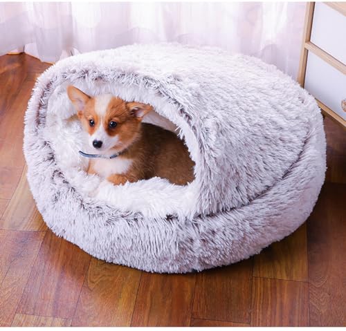 LOMUG Hunde Beruhigungsbett, 50cm Hundehöhle, Kuschelhöhle Hund, Hundebett Hunde Waschbar Rund, Halbgeschlossenes Hundeloch, Donut Hundebett Passend für Kleine Hunde und Katzen