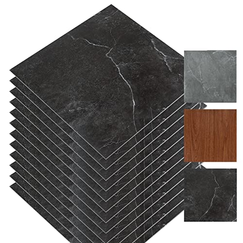 Vigevee PVC Bodenbelag Selbstklebend, Vinylboden Rutschfest, Wasserfest, Vinyl Laminat Rutschfeste Dekor-Dielen für Schlafzimmer Küche Wohnzimmer, 30cm x 30cm, 1 m² / 11 Fliesen - Schwarz Marmor