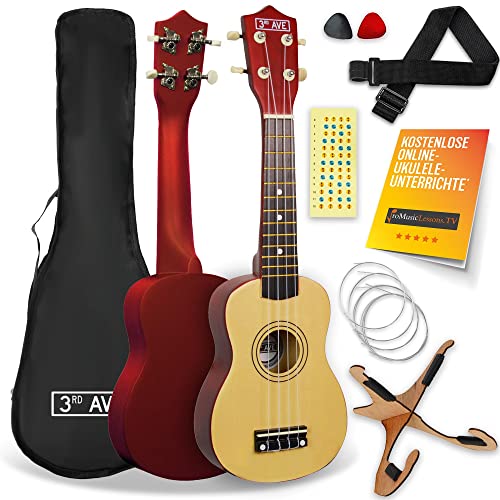 3rd Avenue Sopran-Ukulele mit 54 cm/21“, Anfängerset – Tasche, Ständer, Gurt, Saiten, Plektren und Griffbrett-Aufkleber – in Natur – KOSTENLOSE 1-monatige Online-Lektionen