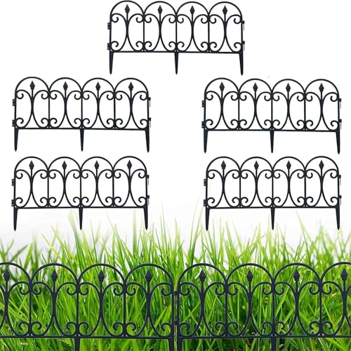 5er Set Gartenzaun Dekorativer Eleganter Zaun aus Wetterfestem Kunststoff, Zierzaun zum Stecken 23cm hoch, Schöner Dekozaun, Gesamtlänge 2,9m