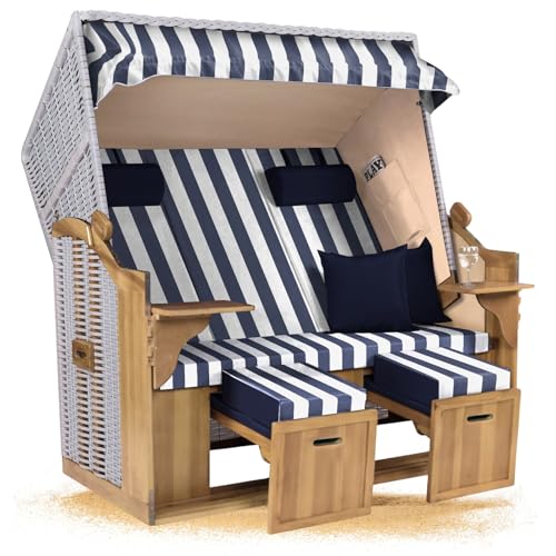 Strandkorb Hanse Ostsee XXL 2,5 Sitzer Volllieger Weiß 150cm breit, ideal für Garten, Terrasse und Balkon (Blau Weiß Blockstreifen, Zerlegt)