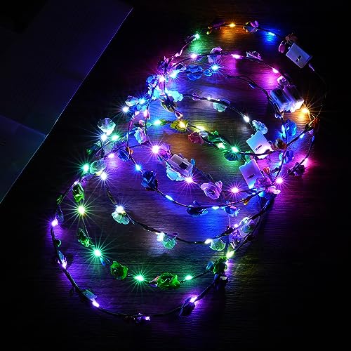 URAQT LED Blumenkranz Stirnband, 6PCS Haarkranz Blumen Mallorca Party Accessoires, Damen und Kinder Festival Zubehör Geburtstag Weihnachten Party Hochzeit Dekor Blumenkranz Kopfschmuck
