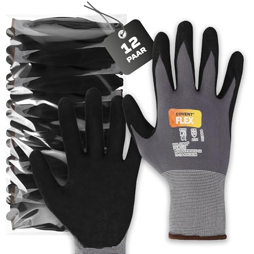 Covent Flex Arbeitshandschuhe Herren Gr 9 (12-er Set) - Montagehandschuhe Kategorie II - EN388 Bauhandschuhe für Bauherren, Mechaniker und Monteure