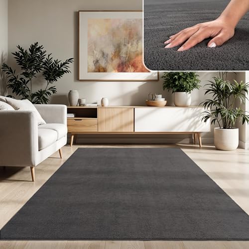 Paco Home Moderner Kuscheliger Wohnzimmer Teppich Kurzflor waschbar flauschig Weich Einfarbig Felloptik zeitlos stilvoll rutschfest pflegeleicht, Grösse:140x200 cm, Farbe:Anthrazit