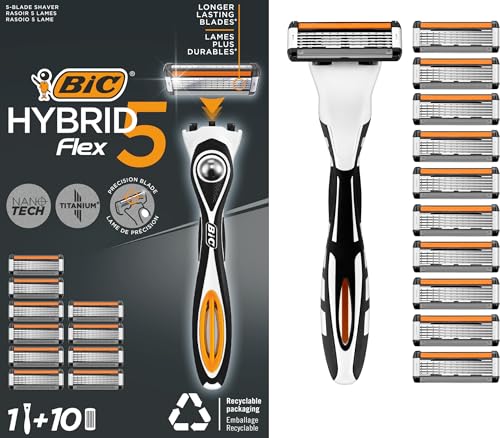 BIC Hybrid 5 Flex Rasierer Herren, Nassrasierer mit 10 Wechselklingen mit je 5 Klingen, mit Aloe Vera & Vitamin E, mit Präzisionstrimmer