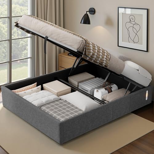 LUXOAK Bett 160x200 cm mit Stauraum und Gasdruckfeder, USB-Anschluss, LED-Nachtlicht, Seitentasche, geräuscharm, einfache Montage, kein Boxspring nötig, grau