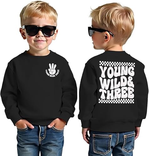 BOUTIKOME 3. Geburtstag Jungen Sweatshirt Young WILD&Three Drucken Pullover Geschwister Kinder Langarmshirt Baby Outfits Dritten Geburtstags Pulli Herbst Winter Babykleidung(Schwarz,3 Jahre)