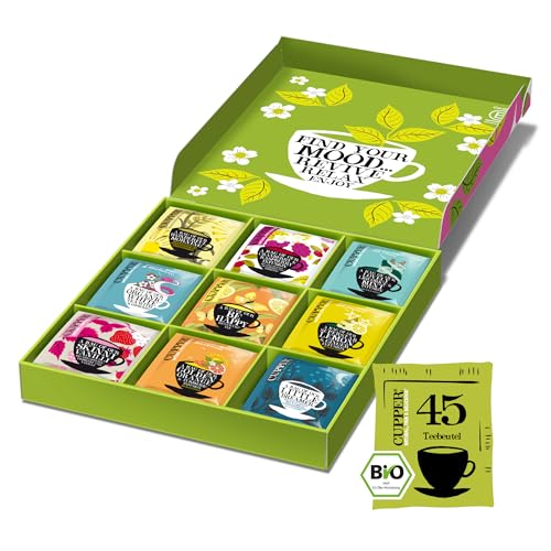 Cupper Bio Tee Geschenkset, Tee Set, Geschenkidee, Bunte Teebox mit 9 verschiedenen Sorten, Kollektion ausgewählter Kräuter- und Früchtetees (1 Box, 45 Teebeutel)
