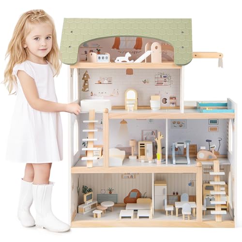FANTASK Puppenhaus Holz, Puppen-Villa mit 33 Möbelstücken, Balkon & Pool, Puppenvilla Traumvilla, Kinder Dollhouse, Spielzeuggeschenk für Mädchen & Jungen ab 2 Jahren