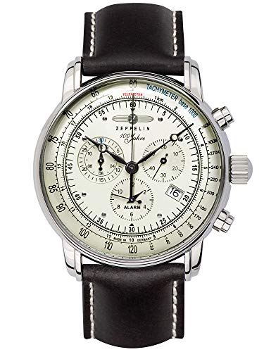 Zeppelin Herrenuhr mit Lederband Serie 100 Jahre Chronograph Datum Alarm 8680-3