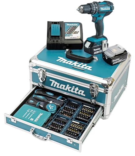 Makita DHP482RFX9 Schlagbohrschrauber 18V / 3,0 Ah, 2 Akkus plus Ladegerät im Alukoffer, Petrol, 96-tlg. Zubehör-Set