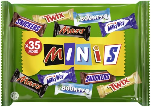 Mars Mixed Minis Schokolade Großpackung, Halloween Schokolade, 35 Mini-Schokoriegel Snacks (Mars, Snickers, Bounty, Twix, Milky Way) als Halloween Süßigkeiten, Süßigkeiten Box 710g