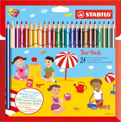 STABILO - Dreikant-Buntstift - Trio dick - 24er Pack - 24 verschiedene Farben und Spitzer