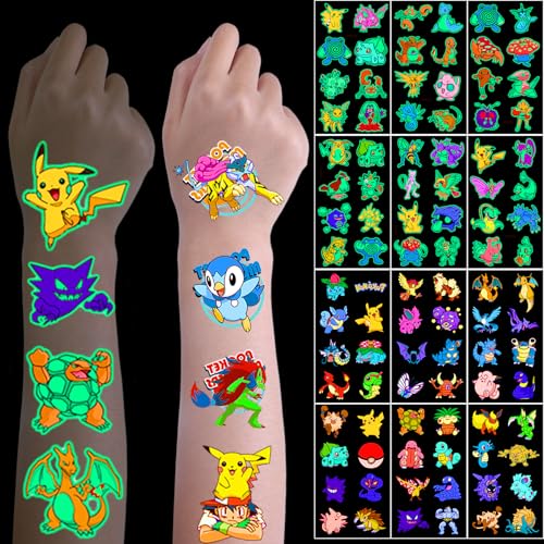 KOOCOVY Tattoo Kinder, 12 Blätter Kindertattoos Hautfreundliche, 6 Blätter Luminous Tattoo Stickers + 6 Blätter Skin-Tattoo für Kindergeburtstag Party Deko Hautfreundliche Temporäre Kindertattoos