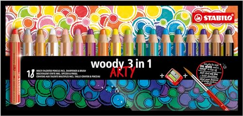 STABILO - Buntstift, Wasserfarbe & Wachsmalkreide - woody 3 in 1 - ARTY - 18er Pack mit Spitzer und Pinsel