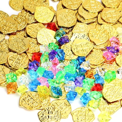 NCTNCX 100 Stück Goldmünzen Kinder, Piraten Schatz, Schatzsuche Kindergeburtstag (100 Goldmünzen + 50 Edelsteine)