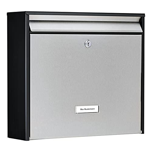Burg-Wächter Briefkasten Edelstahl mit Namensschild, A4 Einwurf-Format, Verzinktes Stahlgehäuse anthrazit beschichtet mit Edelstahl Tür, Oxford-Set 6877 B+S, Mattschwarz