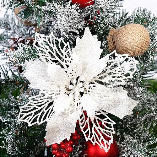 GLITZFAS 12 Stück Glitter Weihnachtsbaum Dekoration, Weihnachtsbaumschmuck Ornament aus Kunststoff, Weihnachten Blumen Dekor, Christbaumanhänger (Weiß,9 cm)