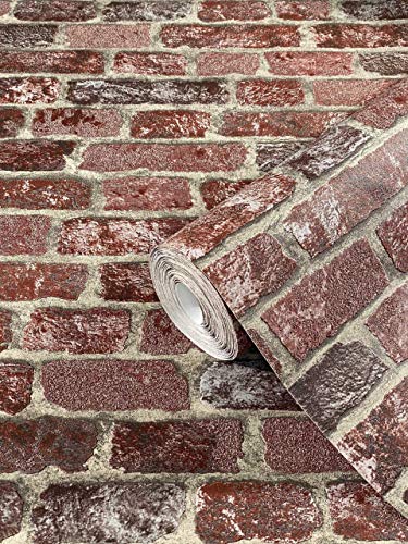 marburg Steintapete Rot Backstein Optik Ziegelstein 3D Effekt für Schlafzimmer Wohnzimmer oder Küche Tapete Steinoptik 10,05m x 0,53m 58408